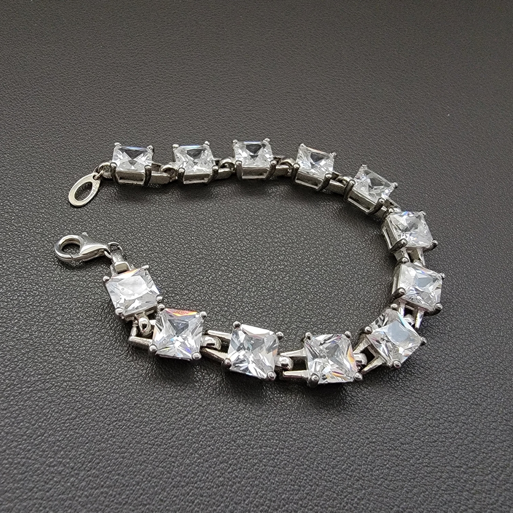 925 Princess Cut Tennis Bracelet | Square CZ Crystal Line Bracelet